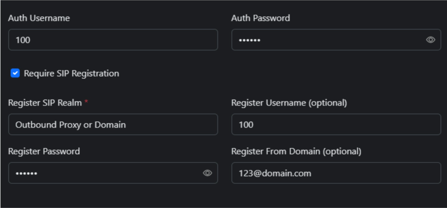 UponAI SIP registration — auth credentials and realm